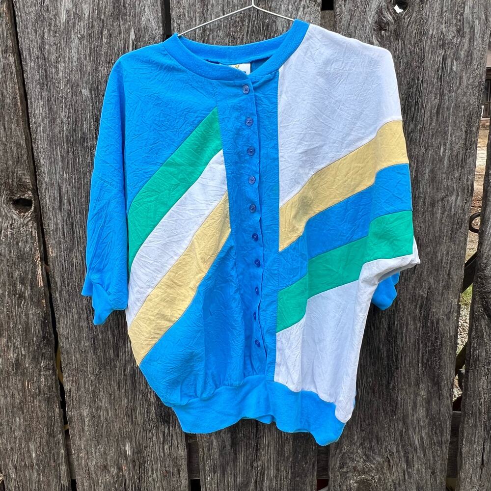 Vint. 80s Cortiva Color Block Blue Yellow Green White Batwing Windbreaker Blouse